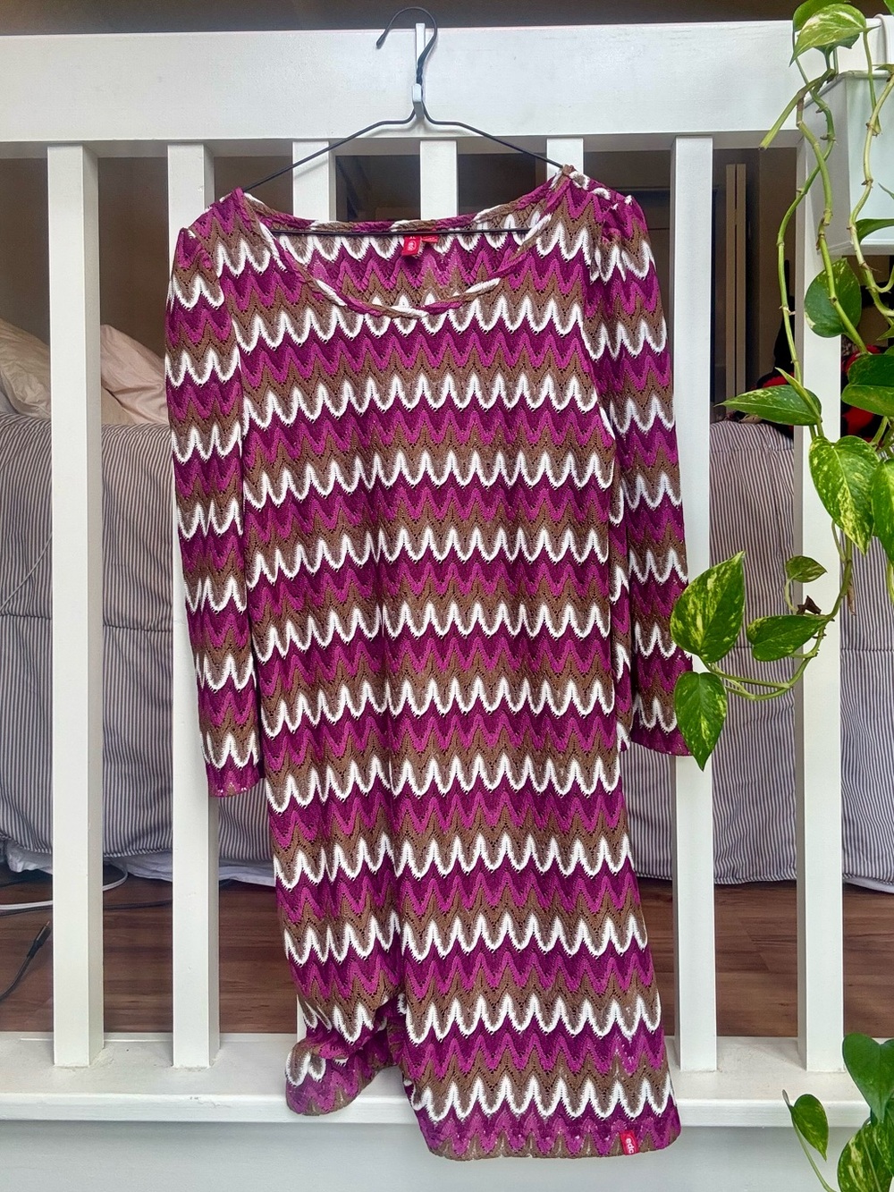 70s Chevron Knit Mini Dress in Magenta and Cream
